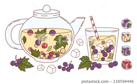 Iced Berry Tea. Set with Glass Teapot and Cup Featuring Red, Black and White Currant with Ice Cubes. Vector Illustration Iced Berry Tea. Set with Glass Teapot and Cup Featuring Red, Black and White Currant with Ice Cubes. Vector Illustration 138594446