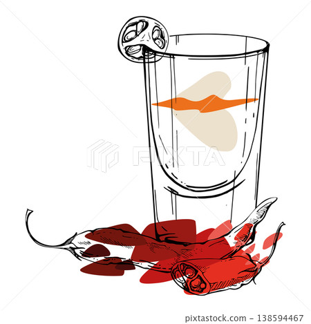 Vector Flatliner alcoholic shot with chili pepper garnish, full and sliced. Red accent on clear spirits or creamy liqueur. Tequila, gin tonic, vodka. Isolated illustration hand drawn for bar menu set. Vector Flatliner alcoholic shot with chili pepper garnish, full and sliced. Red accent on clear spirits or creamy liqueur. Tequila, gin tonic, vodka. Isolated illustration hand drawn for bar menu set. 138594467