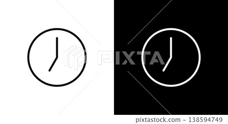 A line icon of a round wall clock pointing to 7 o'clock. A monochrome vector illustration with white and black lines. A line icon of a round wall clock pointing to 7 o'clock. A monochrome vector illustration with white and black lines. 138594749
