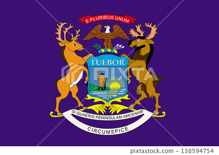 Flag of American state Michigan on fabric surface. Michigan state flag Flag of American state Michigan on fabric surface. Michigan state flag 138594754