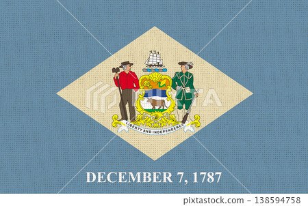 Flag of American state Delaware on fabric surface. Delaware state flag Flag of American state Delaware on fabric surface. Delaware state flag 138594758