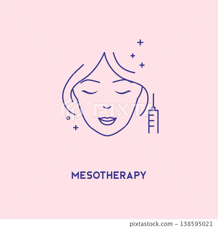 Face mesotherapy line icon. Hyaluronic acid facial injection, vector banner design template. Female rejuvenating mesotherapy. 138595021
