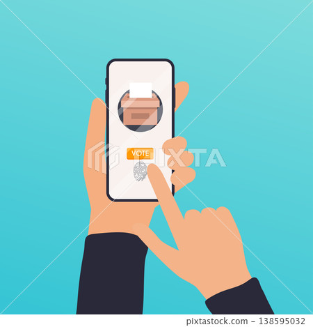 Hand holding smartphone with voting app on the screen. Communication Systems and Technologies. 138595032