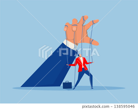 businessman being controlled like a puppet on strings by a large hand, Manipulation concept. Worker on ropes. vector businessman being controlled like a puppet on strings by a large hand, Manipulation concept. Worker on ropes. vector 138595046