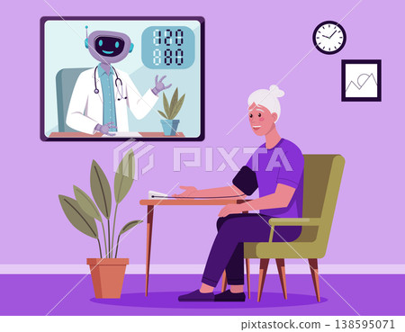 Elder Woman Using Telemedicine with Robot Doctor Online 138595071