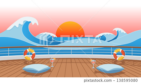 Empty Cruise Ship Deck with Sunset and Lifebuoys Empty Cruise Ship Deck with Sunset and Lifebuoys 138595080