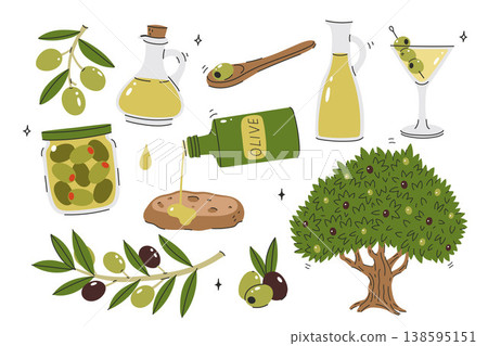 Set of olive products and olive branches. Vector graphics. Set of olive products and olive branches. Vector graphics. 138595151