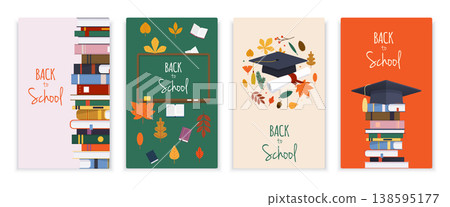 Back to school card set with books, graduation hat, leafs. Elements for retail marketing promotion and education related. Back to school card set with books, graduation hat, leafs. Elements for retail marketing promotion and education related. 138595177
