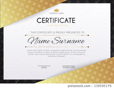 Certificate template with golden decoration element. Design diploma graduation, award. Vector illustration. Certificate template with golden decoration element. Design diploma graduation, award. Vector illustration. 138595179
