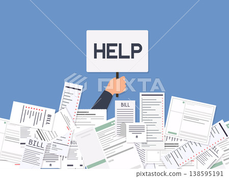 Businessman needs help under a lot of bills. Paying bills. Payment of utility, bank, restaurant and other bills. Flat design modern vector illustration concept. Businessman needs help under a lot of bills. Paying bills. Payment of utility, bank, restaurant and other bills. Flat design modern vector illustration concept. 138595191