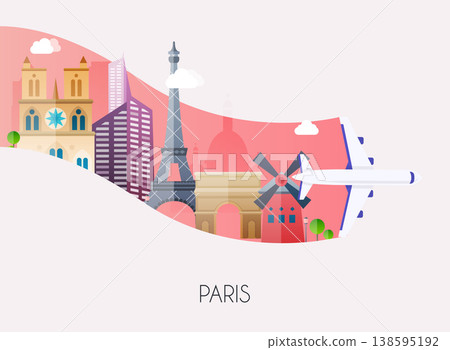 Travel to Paris. Traveling on airplane, planning a summer vacation, tourism and journey objects and passenger luggage. Flat design modern vector illustration concept. 138595192