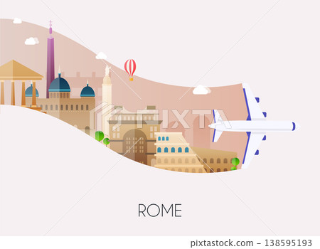 Travel to Rome. Traveling on airplane, planning a summer vacation, tourism and journey objects and passenger luggage. Flat design modern vector illustration concept. 138595193