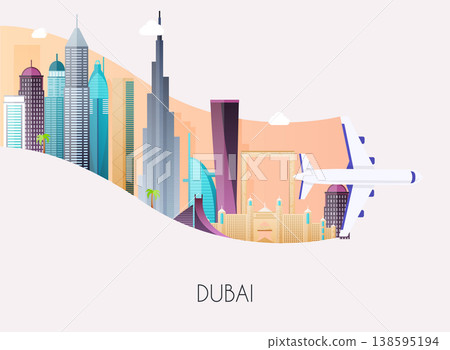 Travel to Dubai. Traveling on airplane, planning a summer vacation, tourism and journey objects and passenger luggage. Flat design modern vector illustration concept. 138595194