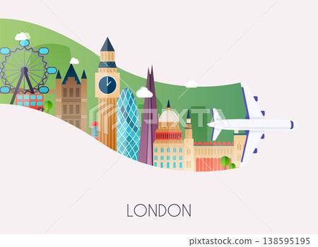 Travel to London. Traveling on airplane, planning a summer vacation, tourism and journey objects and passenger luggage. Flat design modern vector illustration concept. 138595195