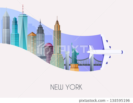 Travel to New York. Traveling on airplane, planning a summer vacation, tourism and journey objects and passenger luggage. Flat design modern vector illustration concept. 138595196