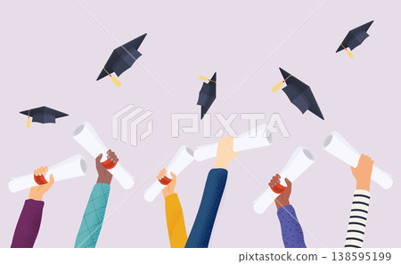 Graduating students of pupil hands in gown throwing graduation caps. Hands holding diploma graduation. Flat design modern vector illustration concept. 138595199