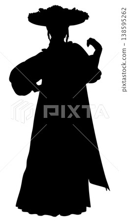 Silhouette of Girl in Long Dress and Wide Brim Hat Silhouette of Girl in Long Dress and Wide Brim Hat 138595262
