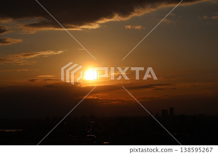 橙色的夕陽，傍晚的天空，輪廓分明的雲朵，以及城市景觀。 138595267