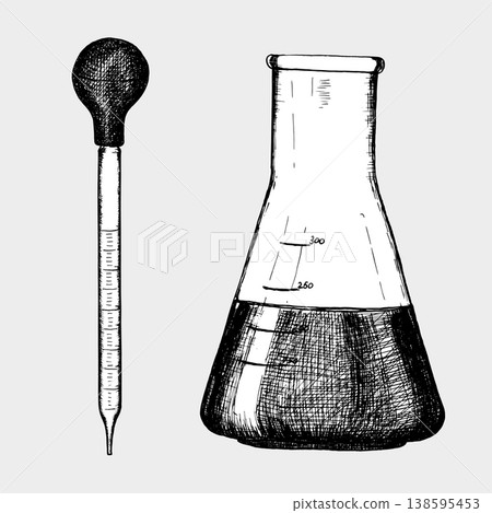 A laboratory pipette and flask in an engraved style. Vector illustration for medical, microbiological, and scientific design. A laboratory pipette and flask in an engraved style. Vector illustration for medical, microbiological, and scientific design. 138595453