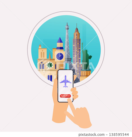 Online booking ticked. Buy Ticket Online. Traveling on airplane, planning a summer vacation, tourism and journey objects and passenger luggage. 138595544