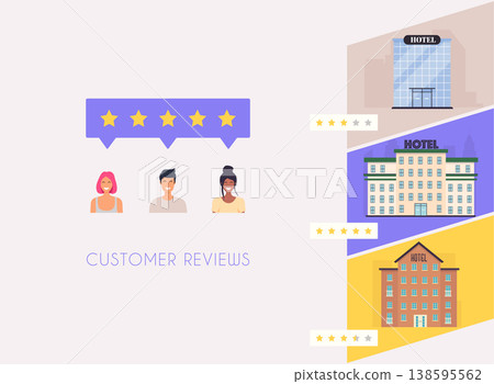 Customer get reviews about hotels. Concept of feedback, testimonials messages and notifications. Rating on customer service illustration. Five stars rating flat style vector concept. Customer get reviews about hotels. Concept of feedback, testimonials messages and notifications. Rating on customer service illustration. Five stars rating flat style vector concept. 138595562
