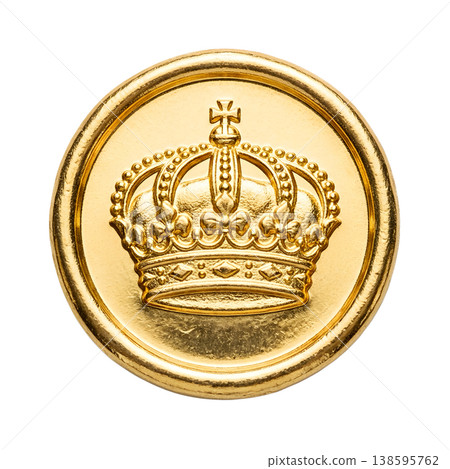 Shiny golden crown emblem shaped like a decorative button, isolated on transparent background, representing royalty, prestige, and leadership Shiny golden crown emblem shaped like a decorative button, isolated on transparent background, representing royalty, prestige, and leadership 138595762