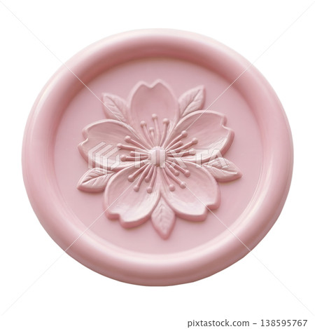Delicate pink wax seal featuring a cherry blossom design, isolated on white background, representing beauty, spring, and elegant correspondence 138595767