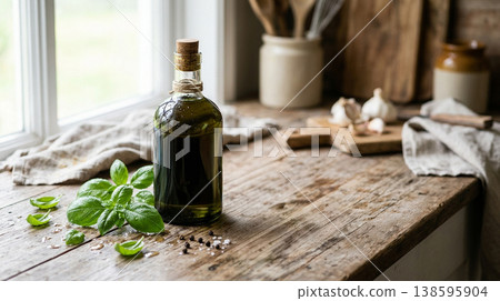 Rustic Kitchen Scene Featuring Extra Virgin Olive Oil Bottle, Fresh Basil Leaves, Garlic Cloves, and Wooden Counter Decor 138595904