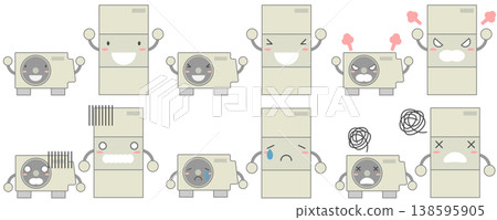 A set of illustrations depicting anthropomorphic characters representing the emotions of a water heater. 138595905