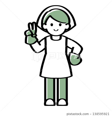 A hand-drawn illustration of a person wearing gloves and making a peace sign. 138595921