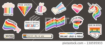 Retro LGBTQ pride sticker set with inclusive rainbow slogans. Vintage y2k computer ui icons, transgender flag loading bar, lesbian pride heart, and queer aesthetic graphics for digital design. Vector. Retro LGBTQ pride sticker set with inclusive rainbow slogans. Vintage y2k computer ui icons, transgender flag loading bar, lesbian pride heart, and queer aesthetic graphics for digital design. Vector. 138595933