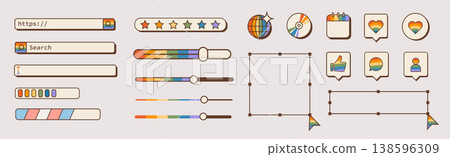Retro computer UI element set with rainbow pride gradients. Nostalgic 90s internet browser bars, search fields, loading sliders, social icons for inclusive LGBTQ digital design. Vector illustration. Retro computer UI element set with rainbow pride gradients. Nostalgic 90s internet browser bars, search fields, loading sliders, social icons for inclusive LGBTQ digital design. Vector illustration. 138596309