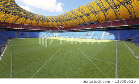 3D render of an empty modern football stadium. Sunny day at a soccer arena with green grass pitch 3D render of an empty modern football stadium. Sunny day at a soccer arena with green grass pitch 138596529