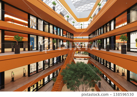 3D render of a modern shopping mall atrium. Empty retail center interior with central staircase 138596530