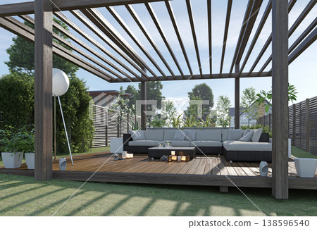 Modern outdoor patio with wooden deck and slatted pergola. 3D render of backyard lounge furniture Modern outdoor patio with wooden deck and slatted pergola. 3D render of backyard lounge furniture 138596540
