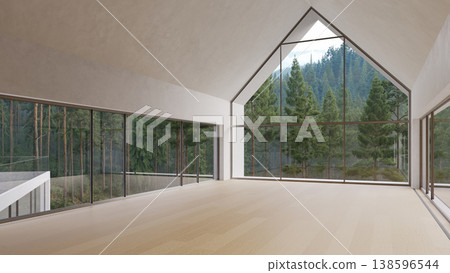 Spacious empty modern room with large glass windows. 3D render of unfurnished interior with forest Spacious empty modern room with large glass windows. 3D render of unfurnished interior with forest 138596544