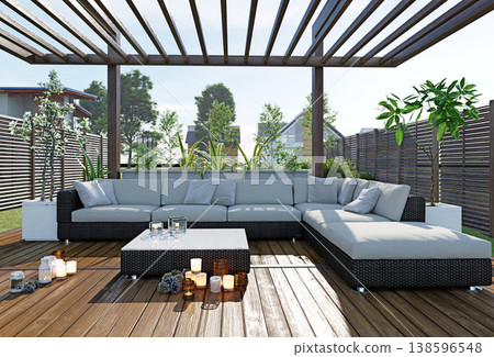 3D render of a modern outdoor patio. Grey wicker sectional sofa on a wooden deck under a pergola 3D render of a modern outdoor patio. Grey wicker sectional sofa on a wooden deck under a pergola 138596548