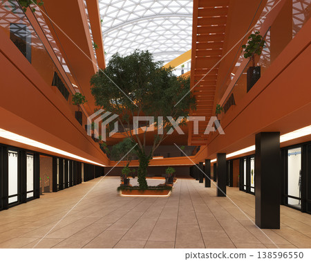 3D render of a modern indoor shopping mall interior. Orange atrium with glass skylight and tree 3D render of a modern indoor shopping mall interior. Orange atrium with glass skylight and tree 138596550