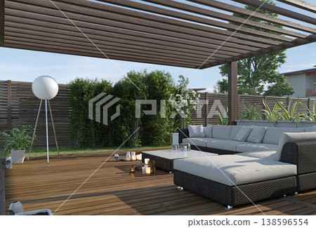 Modern backyard terrace with wooden deck under a pergola. 3D render of outdoor lounge furniture 138596554