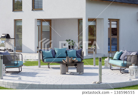 Modern backyard patio with teal outdoor furniture and fire pit. 3D render of home exterior 138596555
