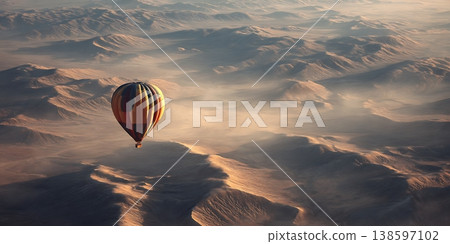 Aerial Panorama Hot Air Balloon Soaring Over Desert Landscape Aerial Panorama Hot Air Balloon Soaring Over Desert Landscape 138597102
