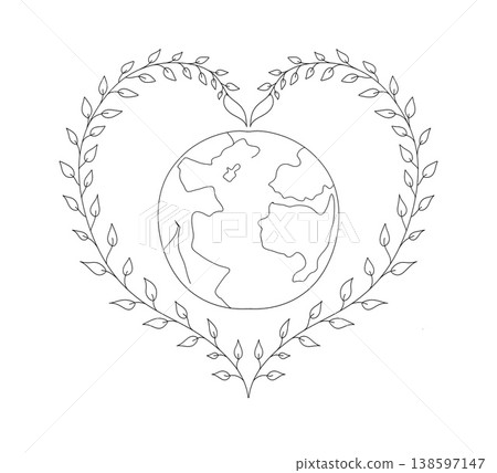 Minimalist botanical line art of Earth globe inside a heart shaped leaf wreath, ecology and nature protection concept on a transparent background. 138597147