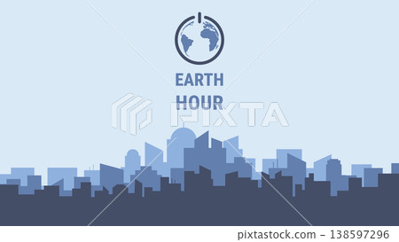 Earth Hour concept with city skyline silhouette and turn off button as planet earth shape Earth Hour concept with city skyline silhouette and turn off button as planet earth shape 138597296