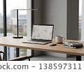 A modern desk setup and a simple laptop scene. 138597311