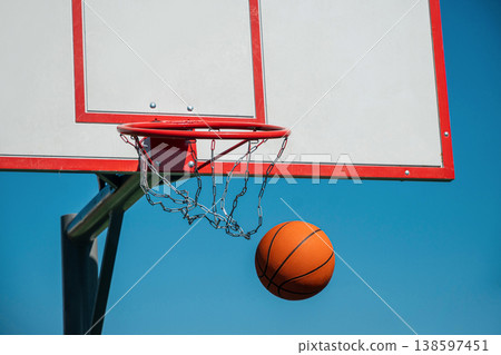 Basketball ball falling from hoop with chain net motion and miss concept 138597451