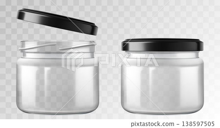 Glass jars with metal black screw lid. Open and closed jars isolated on transparent background, packaging mockup template. Empty food or cosmetic product container. Realistic 3d vector illustration. Glass jars with metal black screw lid. Open and closed jars isolated on transparent background, packaging mockup template. Empty food or cosmetic product container. Realistic 3d vector illustration. 138597505