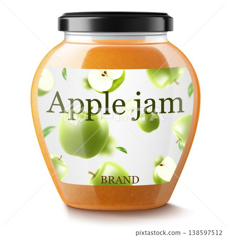 Jar with apple jam isolated on white background. Homemade apple jam in a glass jar. Realistic 3d vector illustration. Mockup for your brand. Jar with apple jam isolated on white background. Homemade apple jam in a glass jar. Realistic 3d vector illustration. Mockup for your brand. 138597512