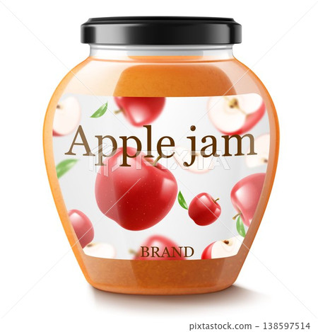 Jar with apple jam isolated on white background. Homemade apple jam in a glass jar. Realistic 3d vector illustration. Mockup for your brand. Jar with apple jam isolated on white background. Homemade apple jam in a glass jar. Realistic 3d vector illustration. Mockup for your brand. 138597514