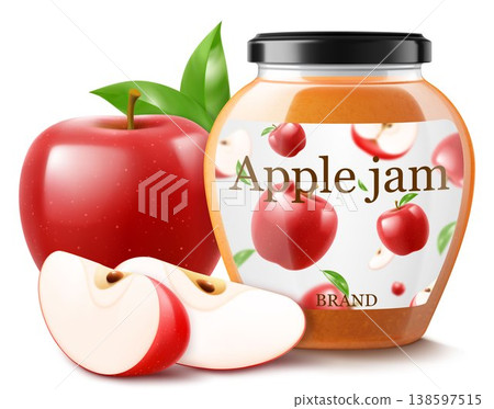 Jar with apple jam isolated on white background. Homemade apple jam in a glass jar. Realistic 3d vector illustration. Mockup for your brand. Jar with apple jam isolated on white background. Homemade apple jam in a glass jar. Realistic 3d vector illustration. Mockup for your brand. 138597515