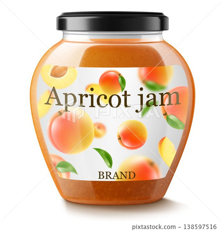 Jar with apricot jam isolated on white background. Canned apricot in a glass jar with lid and paper label, Realistic 3d vector illustration. Mockup , preserve in packaging. 138597516